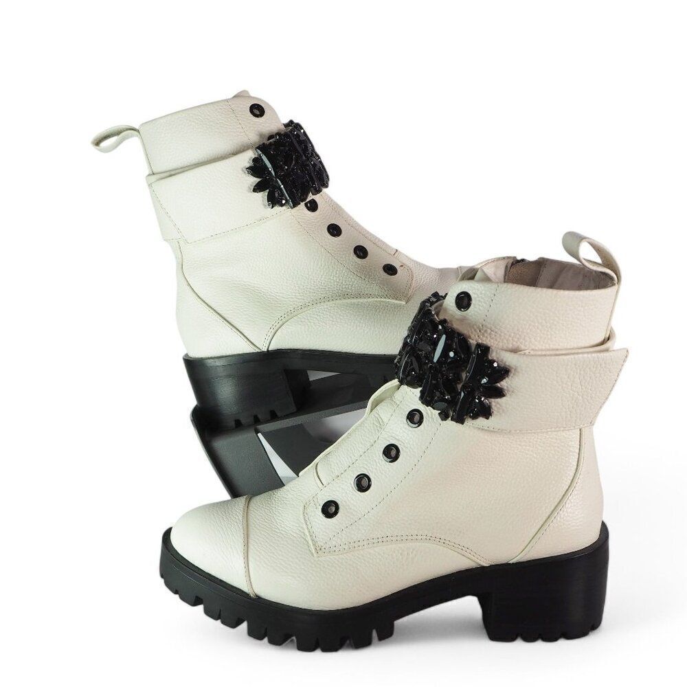 Karl Lagerfeld Pippa‎ Jeweled Strap Pebbled Leather Lug Boots "Bone" Women's 6.5